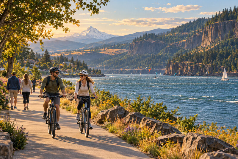Contextual illustration of a Hood River waterfront path beside windsurfers on the Columbia River