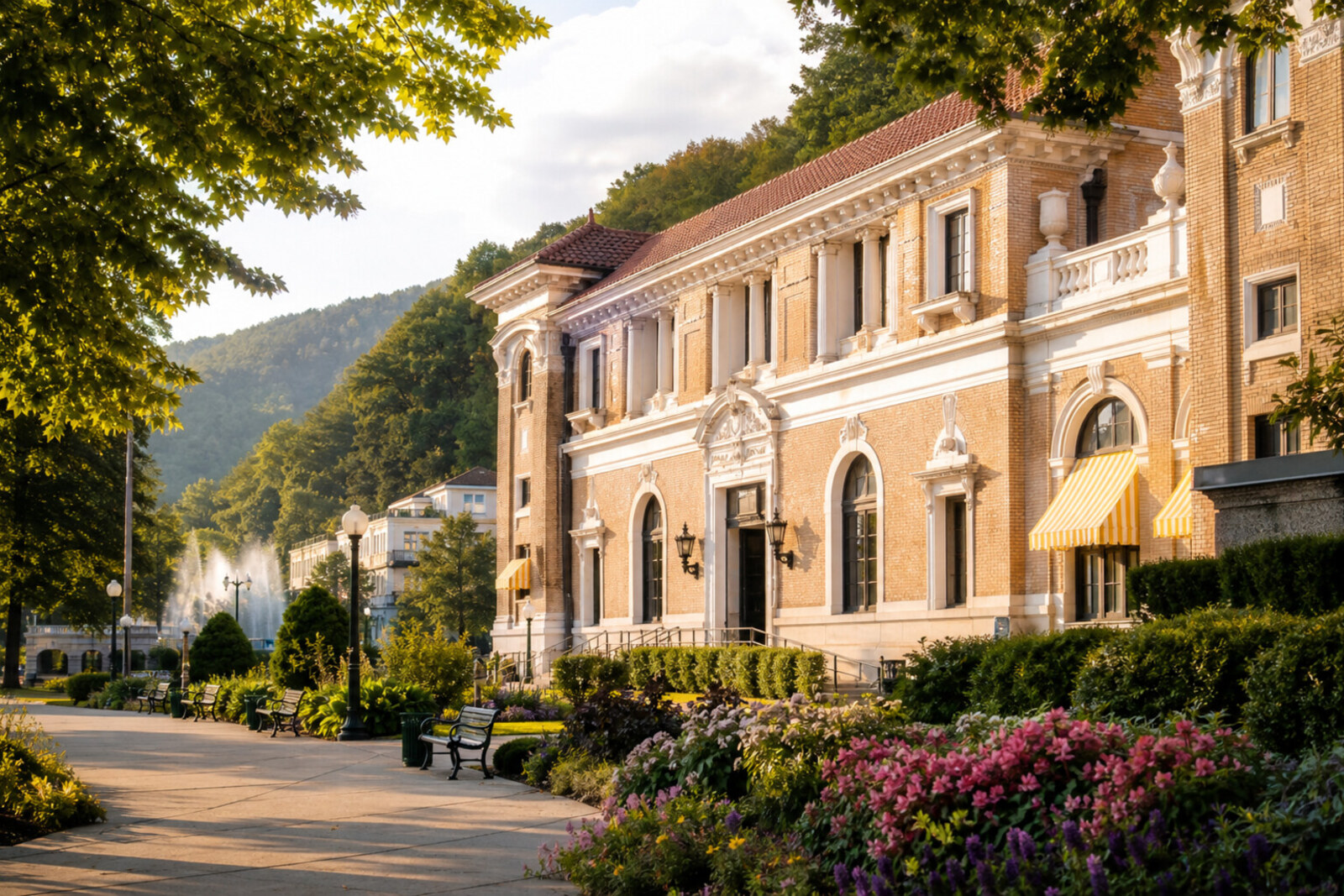 Historic Bathhouse Row promenade in Hot Springs