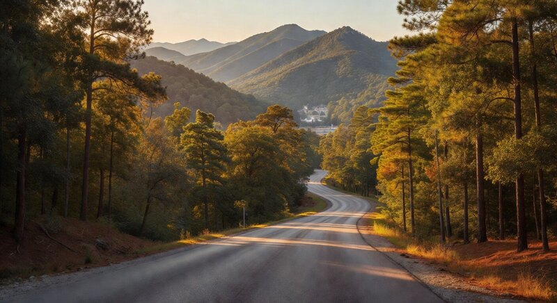 Road trip arrival through Ouachita foothills toward Hot Springs