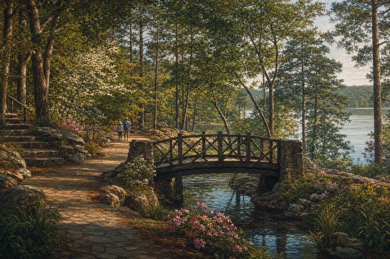 Illustrated woodland garden path beside Lake Hamilton