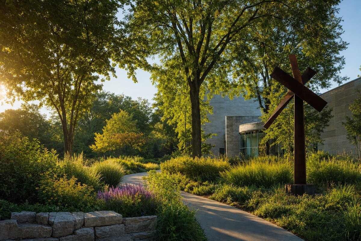 Contextual art garden with sculpture, flowers, and a museum-like building