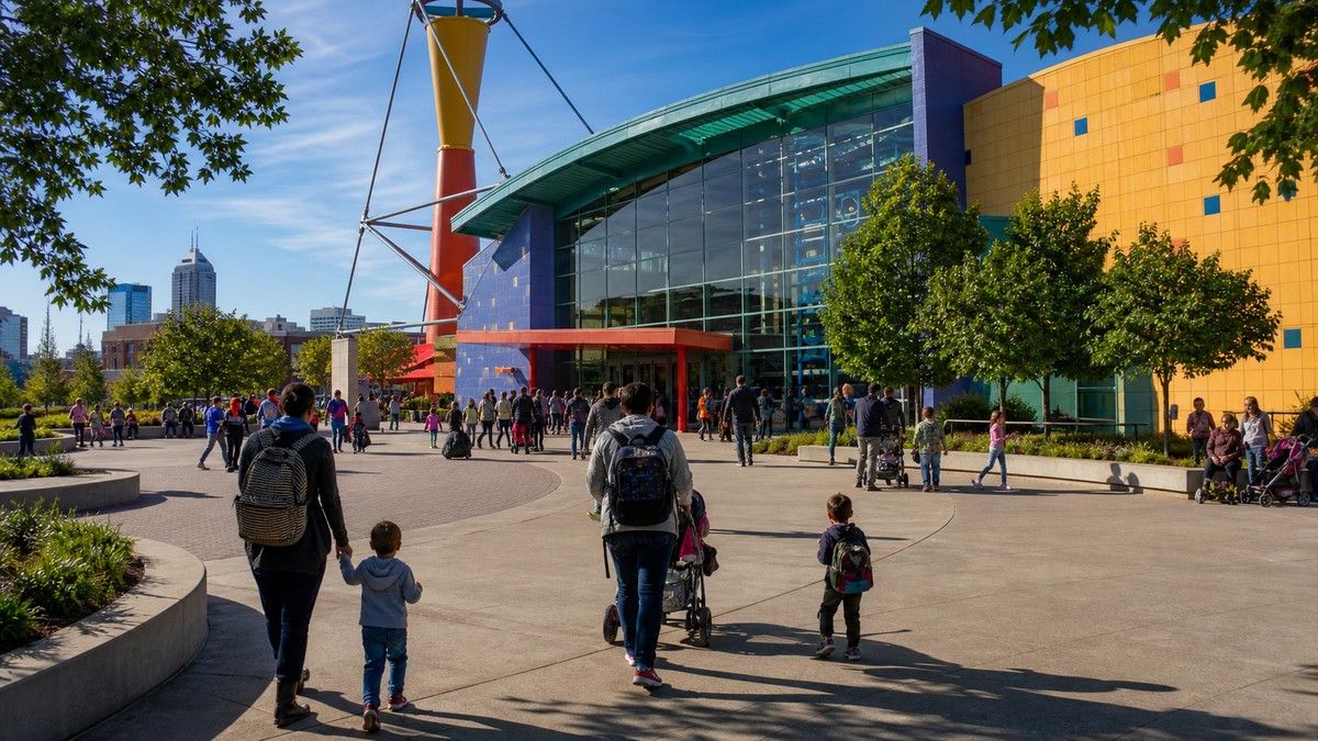 The Children's Museum of Indianapolis exterior and family arrival