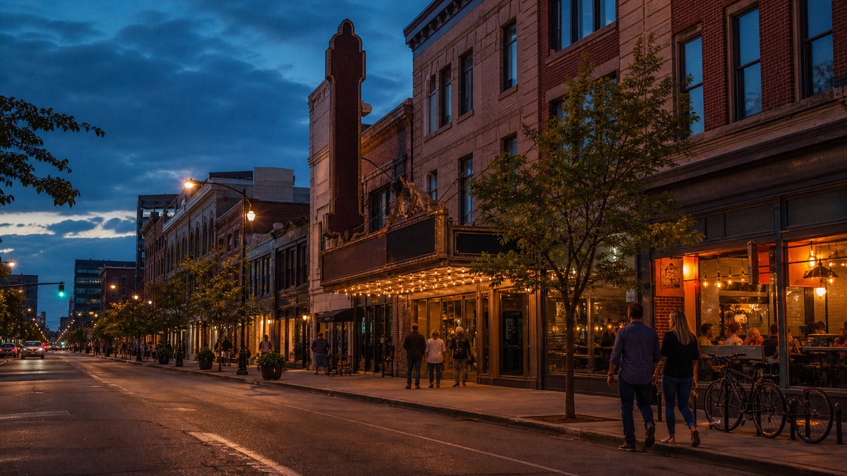 Fountain Square storefronts and street lights in Indianapolis