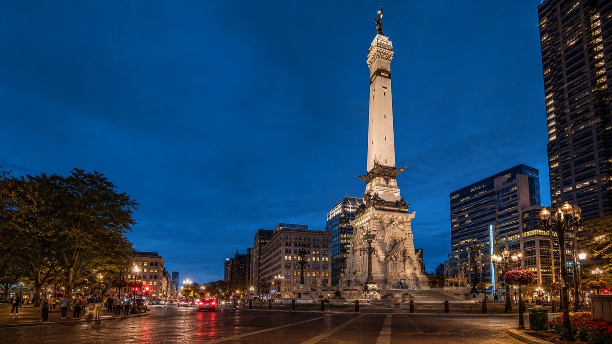 Monument Circle in downtown Indianapolis at blue hour