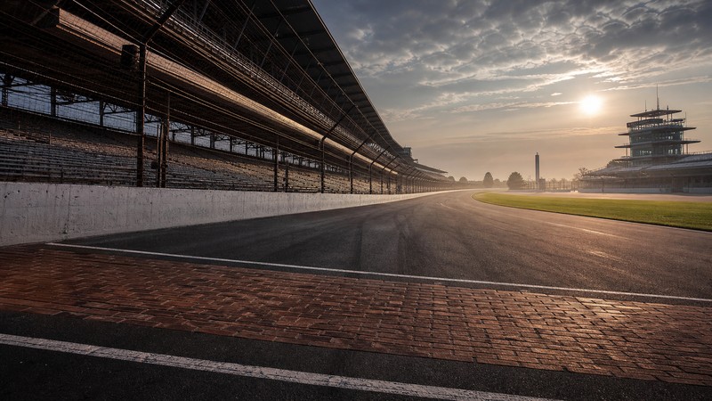 Indianapolis Motor Speedway grandstands in morning light