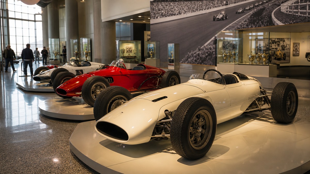 Historic open-wheel race cars displayed in a racing museum gallery