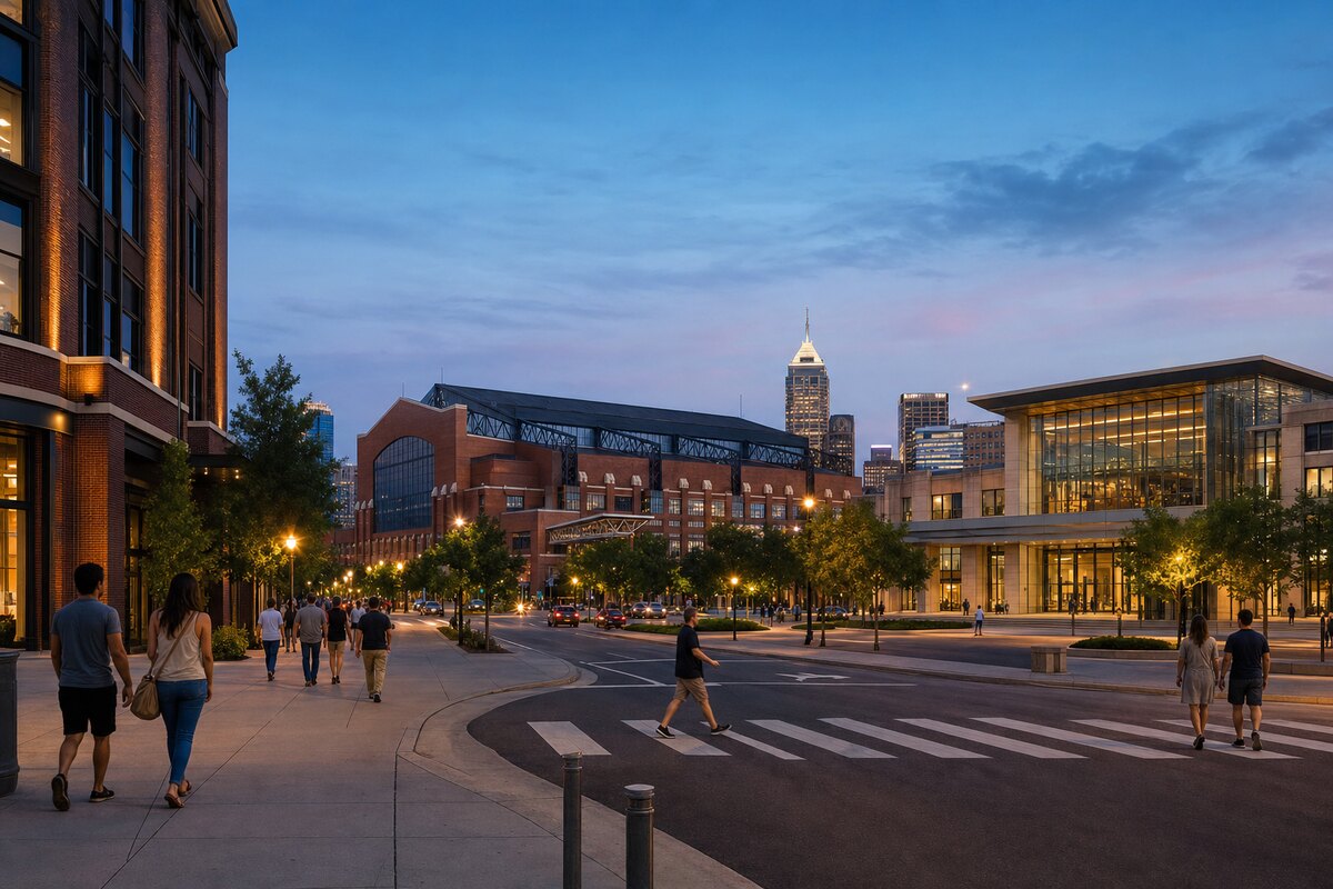 Evening streets in Indianapolis’s downtown sports and convention district