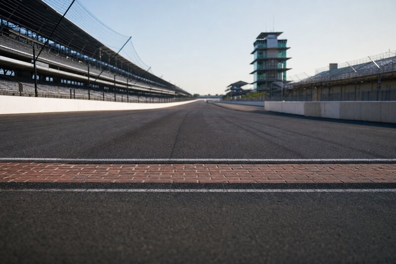 Narrow brick racing-surface strip crossing asphalt