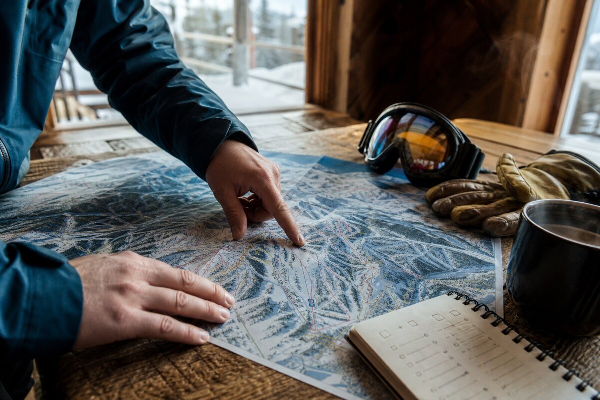 Hands planning a Jackson Hole ski day with trail map, goggles, gloves, and coffee