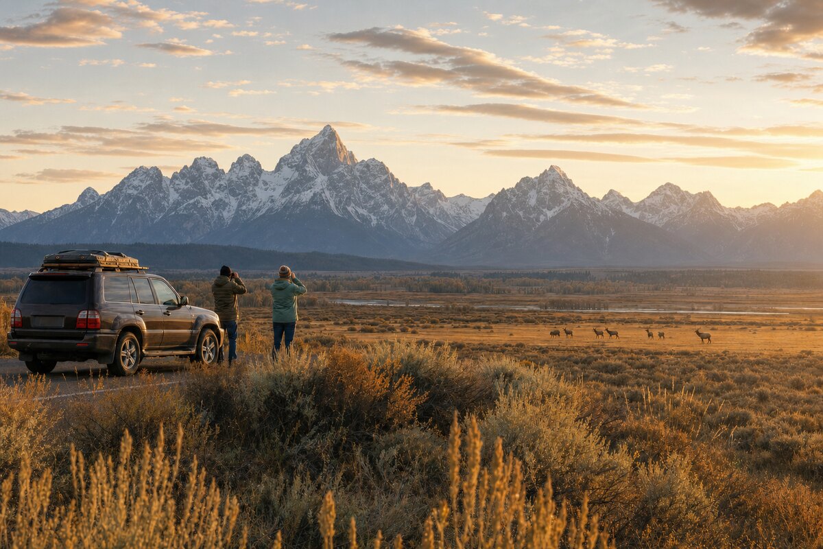 Contextual illustration of Jackson Hole wildlife viewing at dawn from a safe pullout