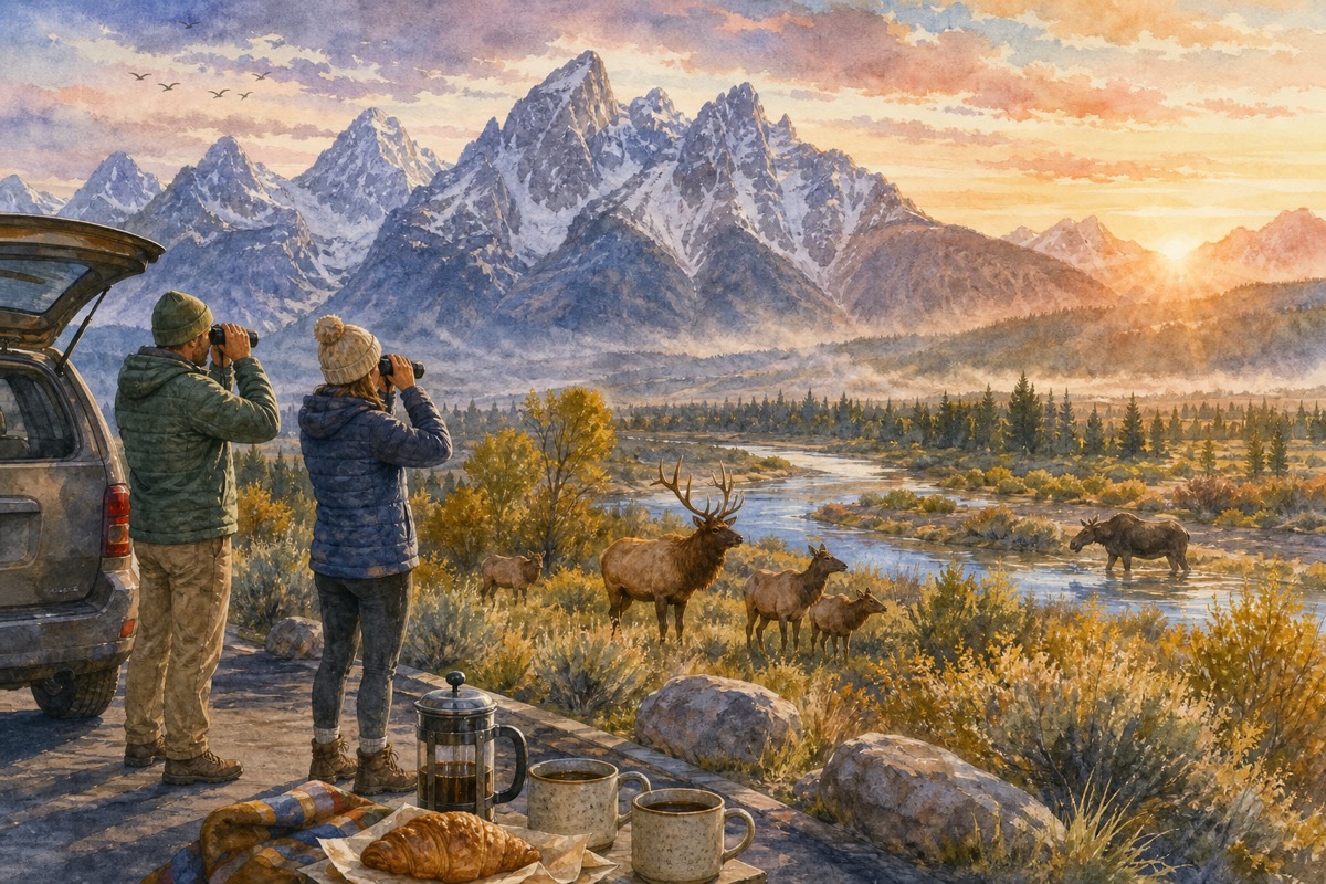 Watercolor illustration of Jackson Hole wildlife viewing at dawn from a safe pullout