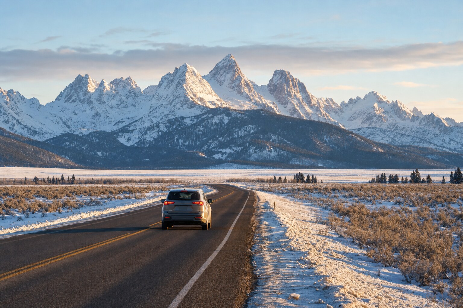 Winter driving through the mountain valley near Jackson Hole