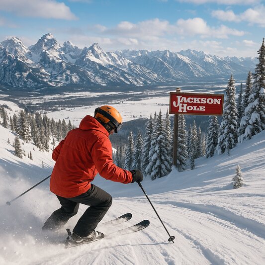 Jackson Hole ski scene with mountain tram and winter light