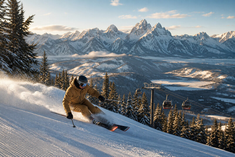 Jackson Hole ski scene with mountain tram and winter light