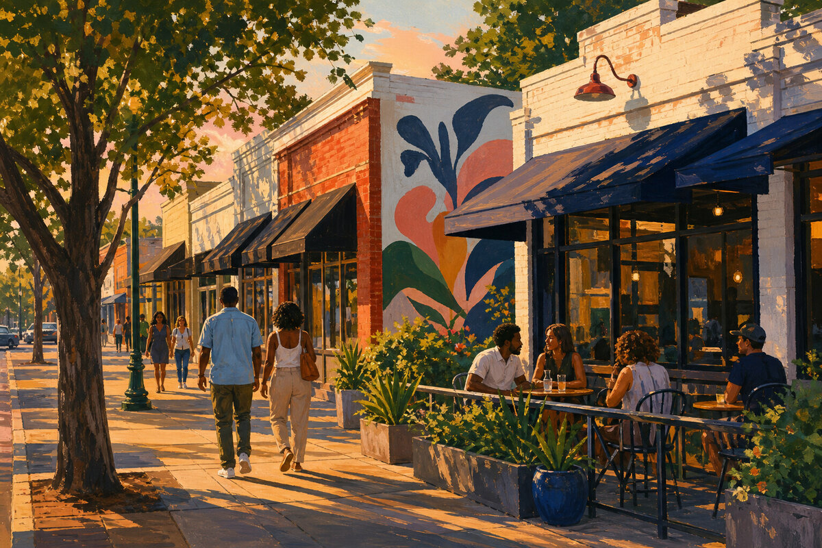 Colorful storefronts and public art in Jackson's Fondren neighborhood