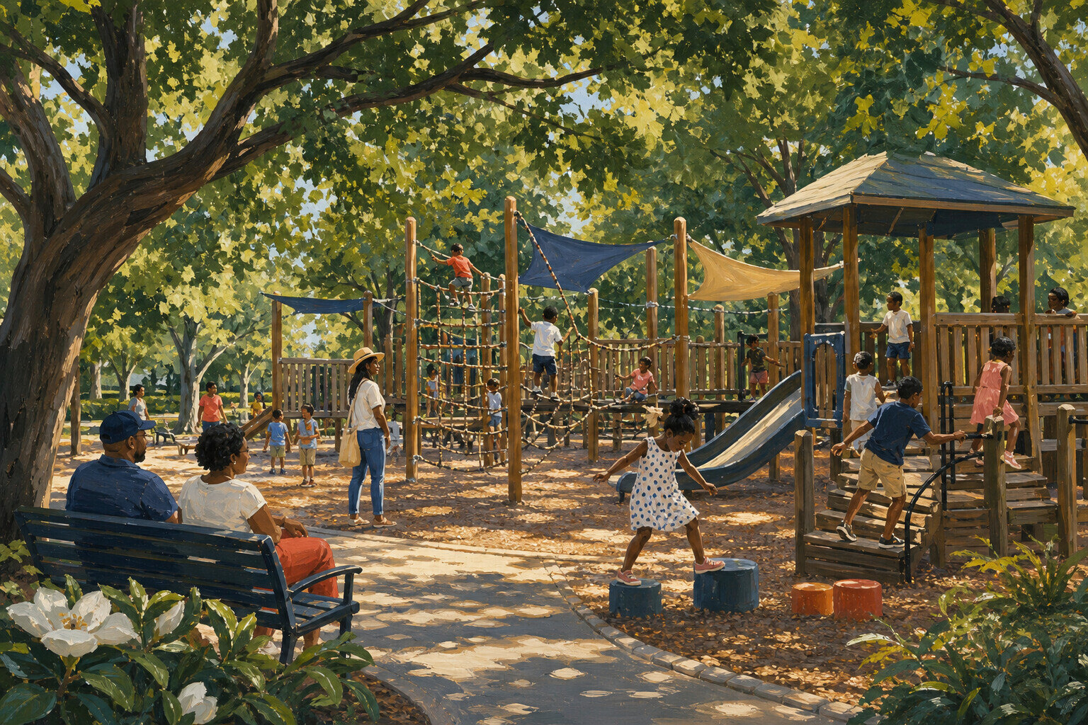 Families climbing and playing at LeFleur's Bluff playground