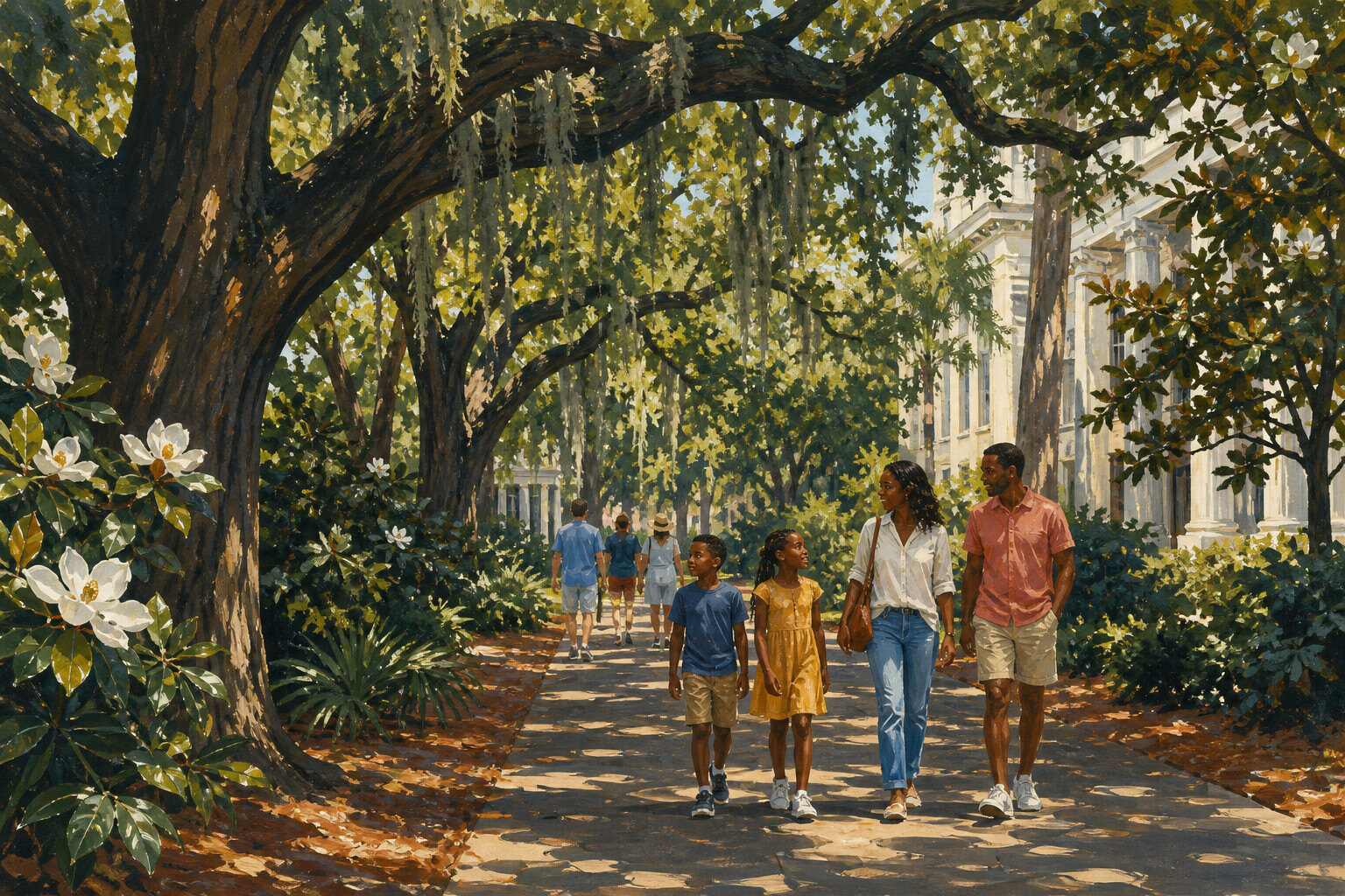 Live oaks shading a walkway near Jackson's museum district