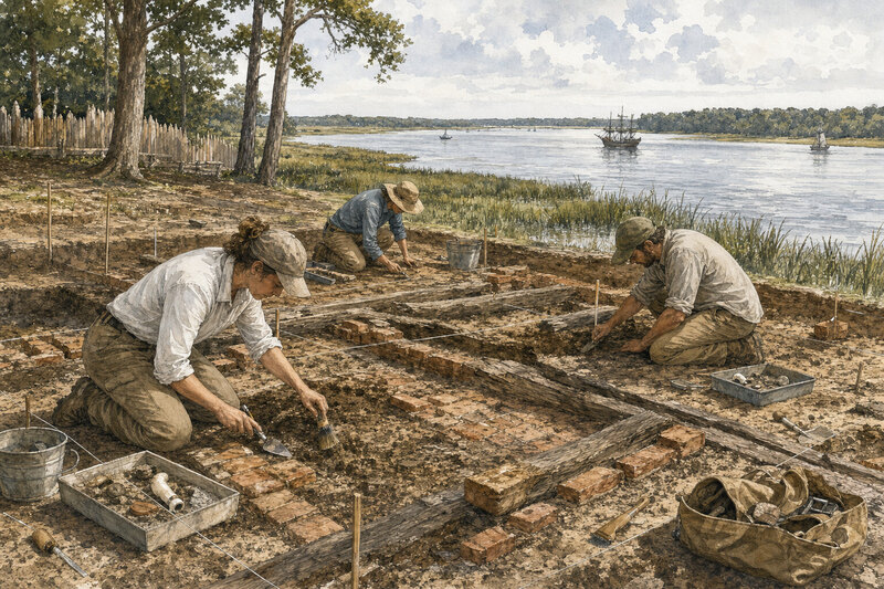 Contextual archaeology grid, trowel, and brick traces beside the James River