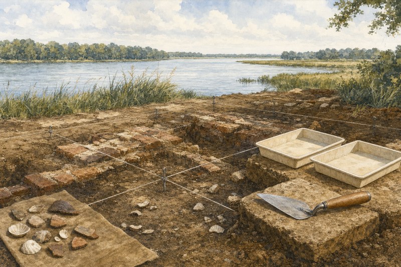 Contextual archaeology grid, trowel, and brick traces beside the James River