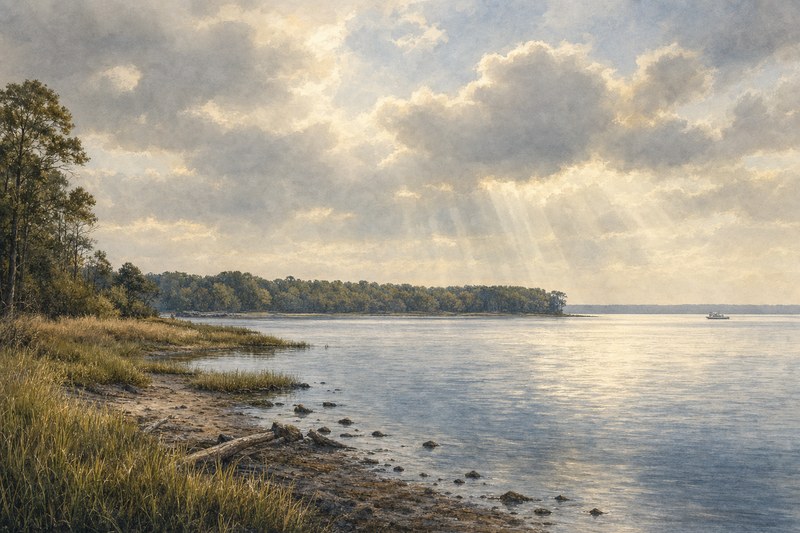 Contextual James River marsh and wooded Tidewater shoreline