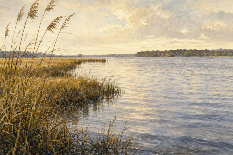 Contextual James River marsh and wooded Tidewater shoreline