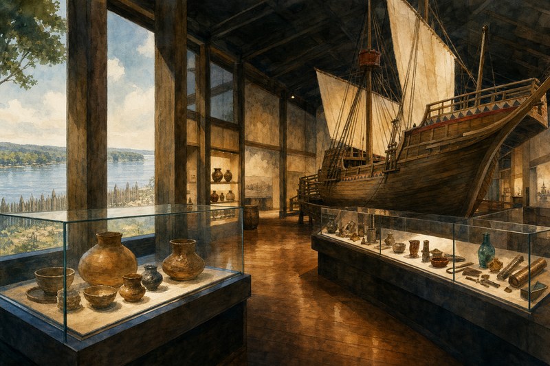 Contextual history gallery with a wooden ship display and archaeological objects