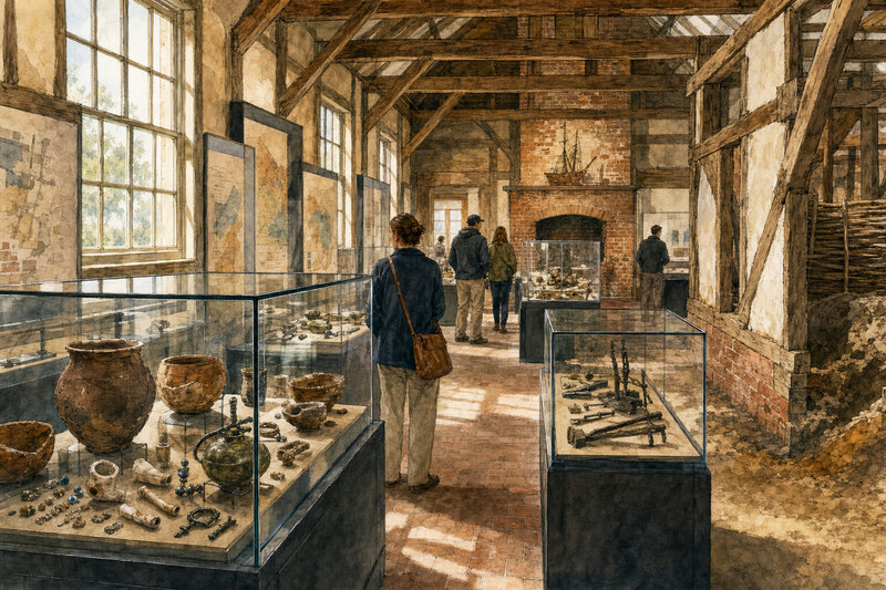 Contextual history gallery with a wooden ship display and archaeological objects