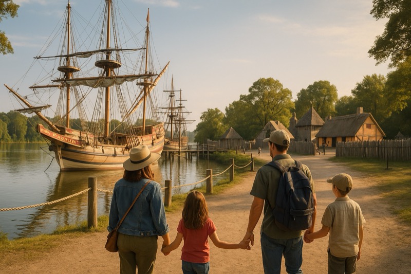 Jamestown-style museum ships and river setting