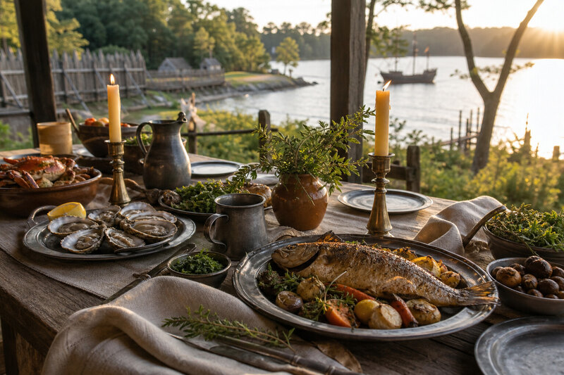 Contextual Tidewater dinner table with oysters and warm courtyard lighting