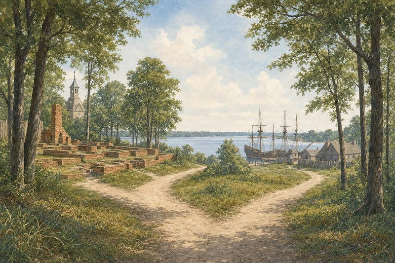 Illustrative fork between Jamestown archaeology and an interpreted museum waterfront