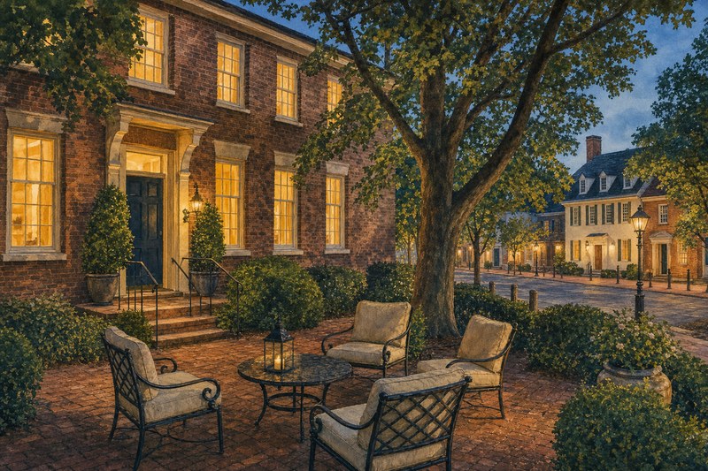 Contextual brick inn courtyard near Jamestown and Williamsburg at blue hour