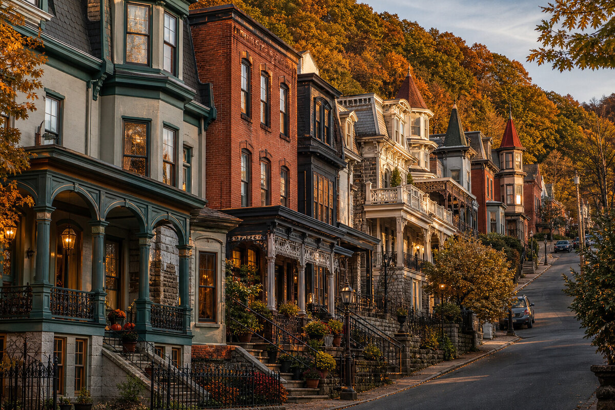 Historic Jim Thorpe inn entrances and porches at the beginning of evening