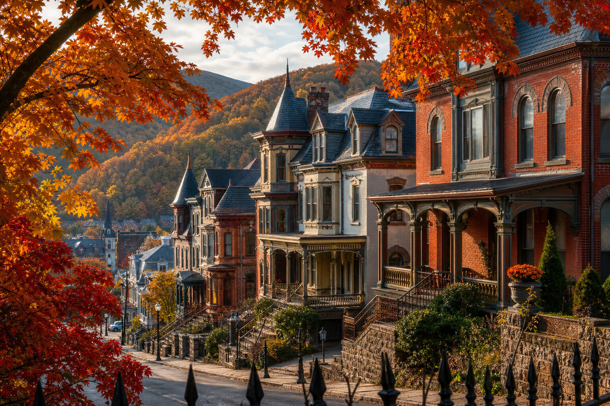 Race Street stone buildings, porches, and church architecture in Jim Thorpe