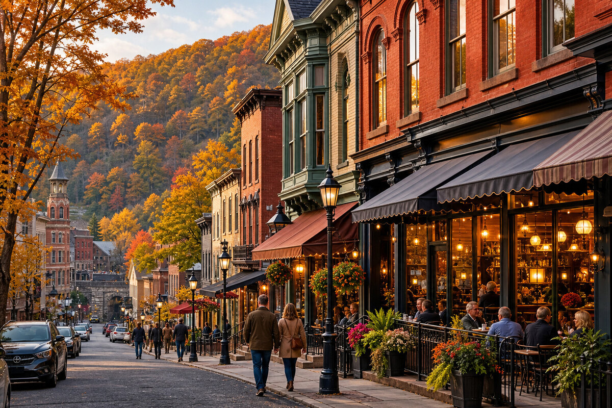 Warm restaurant windows and stone facades along Broadway in Jim Thorpe