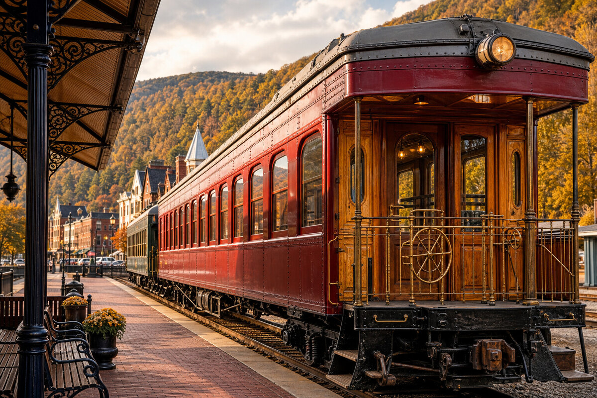 Vintage railway coach window and polished hardware reflecting Lehigh Gorge woodland