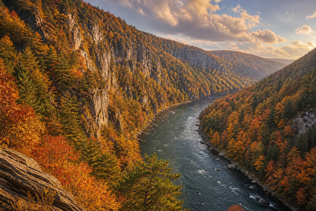 The Lehigh River curving beneath the forested cliffs of Lehigh Gorge