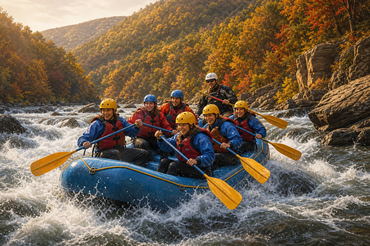 Guided raft paddling through Lehigh River whitewater in the wooded gorge
