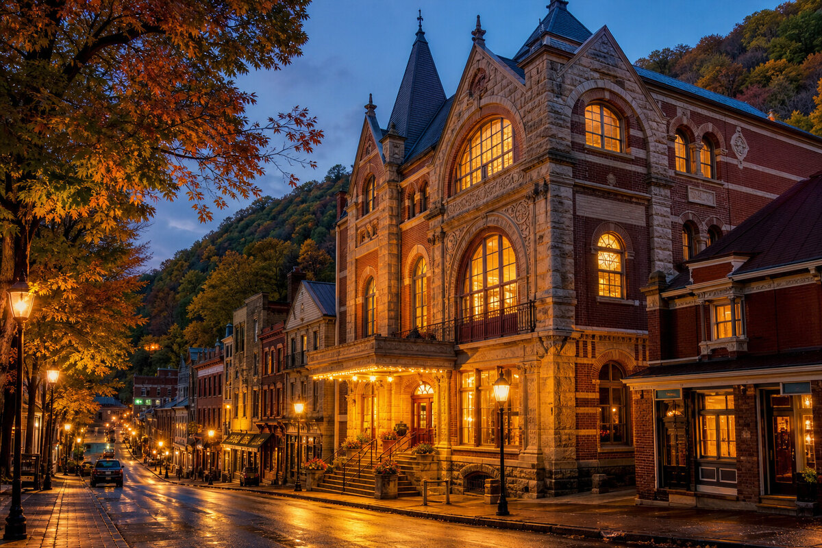 Mauch Chunk Opera House and upper Broadway beneath wooded slopes