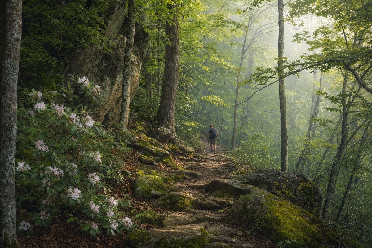 Rooted hardwood forest trail on Buffalo Mountain