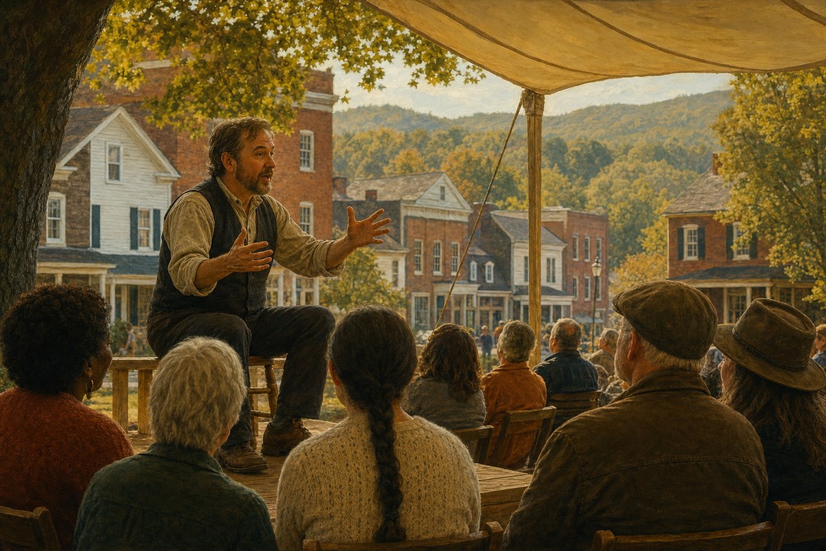A storyteller performing for an audience beneath a canvas canopy in historic Jonesborough