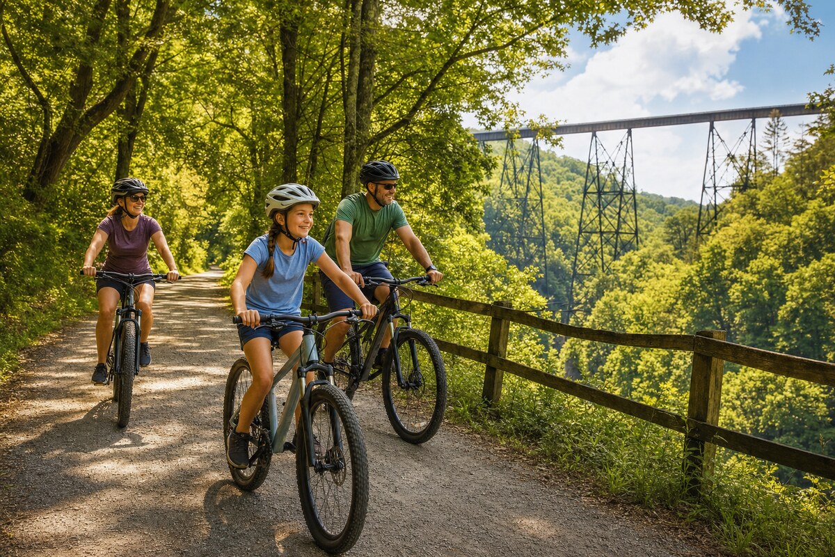 Family riding together on the packed-stone Tweetsie Trail