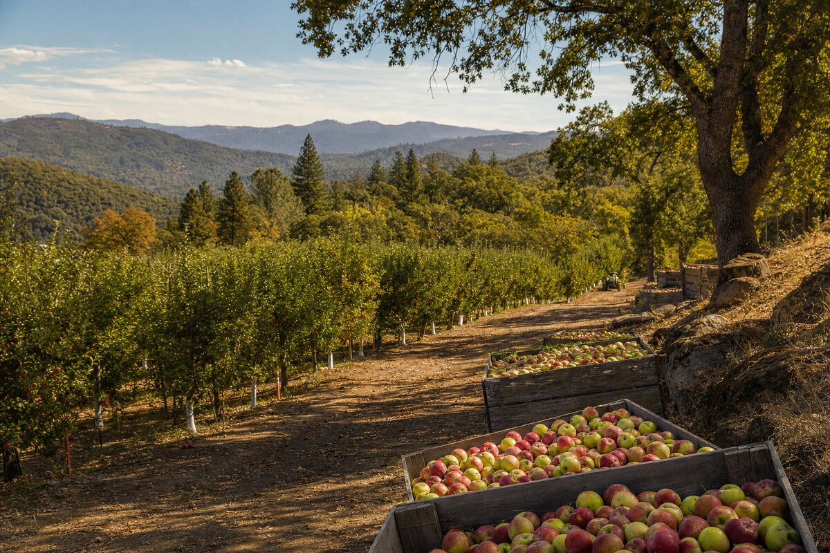 Apple bins along an orchard access road during harvest season