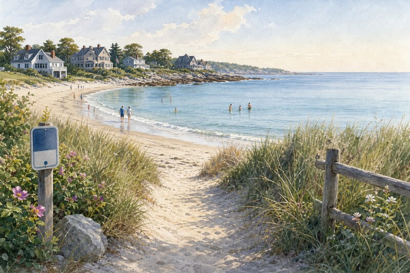 Watercolor Kennebunk beach access path with dunes, calm surf, and a parking-permit cue