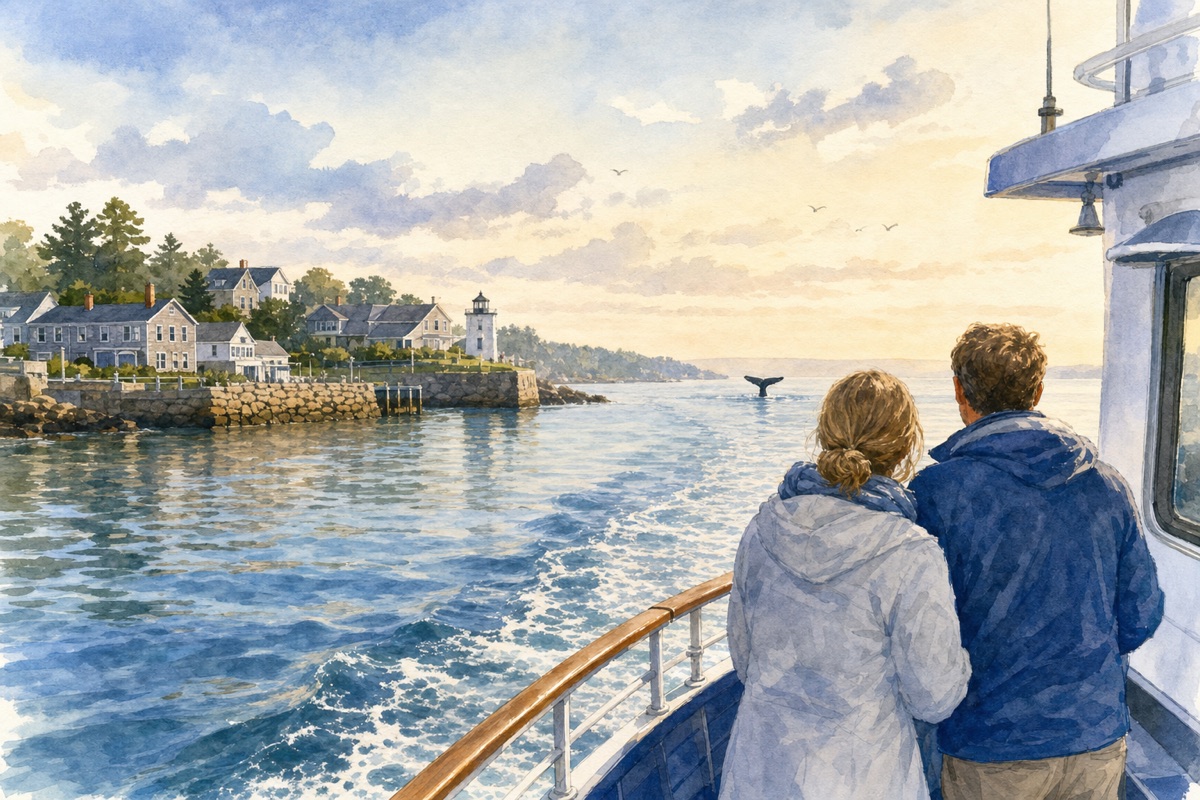 Watercolor cue art of a Kennebunkport whale-watch boat leaving the harbor in calm morning water