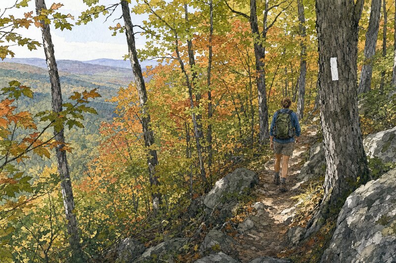 Contextual ink watercolor of a hiker on a rocky hardwood ridge