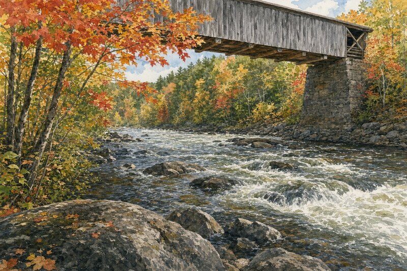 Contextual ink watercolor of a covered timber bridge above an autumn river