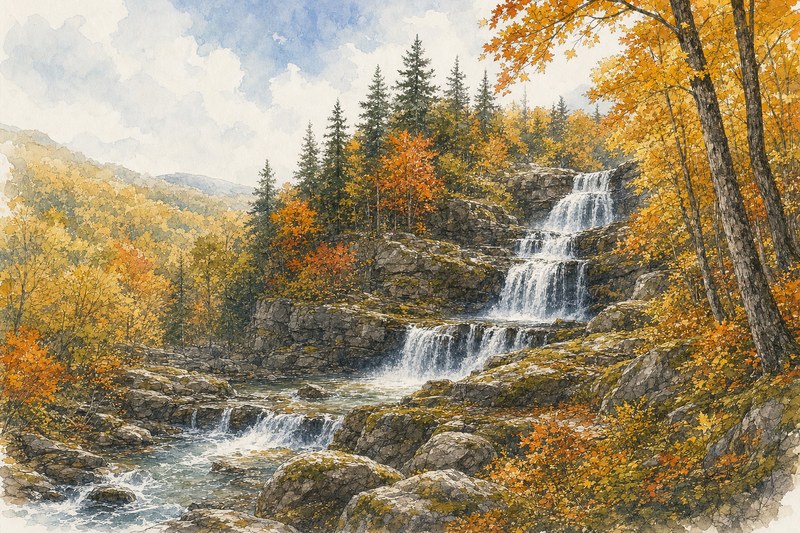 Ink watercolor Kent Falls in autumn woods