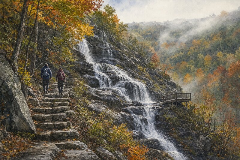 Contextual ink watercolor of stone steps beside an autumn cascade