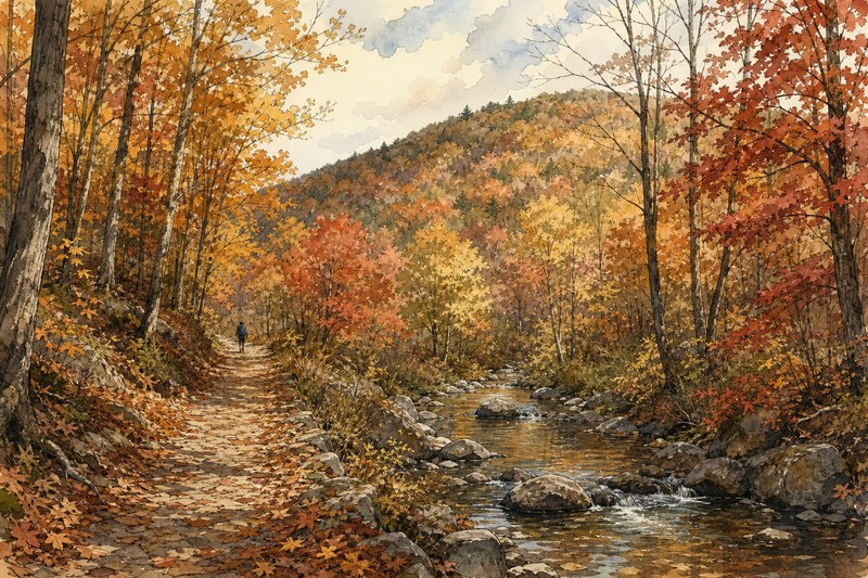 Ink watercolor Macedonia Brook State Park trail in fall