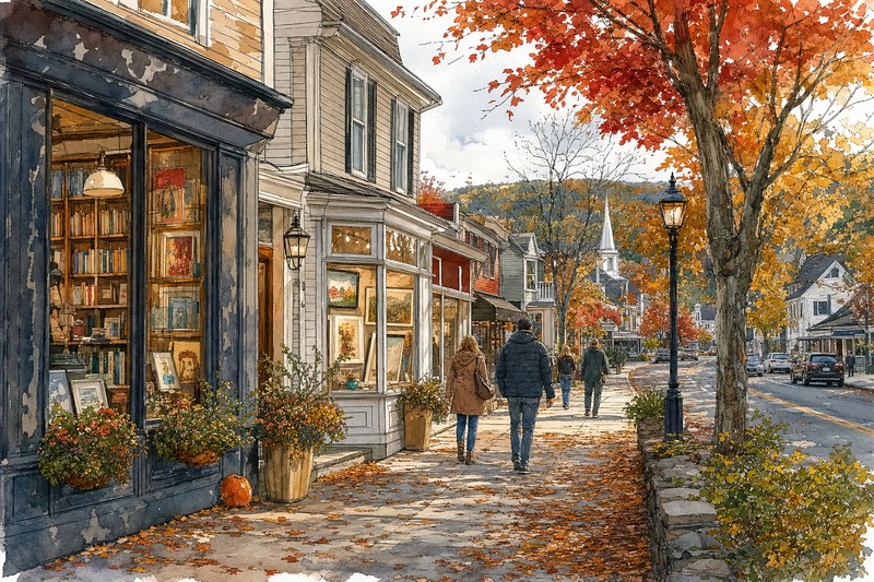 Ink watercolor Kent village shops and galleries